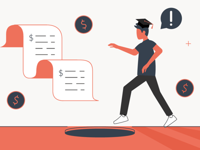 An illustration depicts a student, identified by a graduation cap, nearly stepping into a dark circular hole in the ground, symbolizing the pitfalls of disorganization in scholarship applications. Floating around him are financial documents resembling scholarship application forms, each marked with a dollar sign, and several individual dollar coin icons, representing the numerous scholarship opportunities available. An exclamation point in a thought bubble above the student's head conveys alarm and the urgent need to track applications, avoid missing deadlines, and stay organized to successfully navigate the complex process of securing financial aid for college. Source: The College Investor