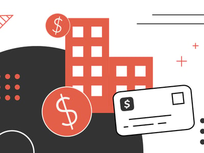 A minimalist graphic illustrating the concept of business banking and transactions, featuring a red two-building structure, symbolizing a bank or financial institution. Two circular red icons with white dollar signs float near the buildings, representing money or business funds. Below the buildings, a white debit card with a black dollar sign logo is depicted, suggesting payment methods and business checking accounts. The background includes abstract black and red geometric shapes like circles, dashes, and plus signs, creating a modern and clean design that emphasizes the digital nature of online business checking accounts. This image visually supports an article discussing the best business checking accounts and options for small business owners and side hustlers, highlighting financial tools and services like those offered by platforms such as Novo.