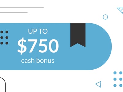 An abstract graphic features a prominent, rounded light blue banner in the center with "UP TO $750 cash bonus" written in white, bold text. A black flag-like shape is attached to the right side of the banner. The background is white, adorned with various geometric shapes in black and light blue, including small circles arranged in squares, thin lines, triangles, and plus signs, creating a modern and clean aesthetic. This image serves as a visual representation of the lucrative new business bank account bonus offers and promotions discussed in the article, highlighting the potential cash incentives like the $750 bonus for switching business banks, even though the article later updates to mention an $800 bonus from U.S. Bank Silver Business Checking.