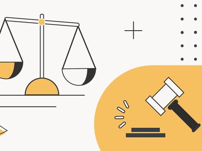 A graphic promoting "The College Investor" features a light gray background with prominent yellow and black accents, visually representing the balance between legal careers and financial decisions. On the left, a stylized scale with one pan filled with yellow and the other with black symbolizes the careful consideration of choices, particularly relevant for students seeking bar exam loans. To the right, a black and white gavel striking a sound block signifies the legal profession and the bar exam itself. Abstract geometric shapes, including a triangular outline, a plus sign, and scattered black dots, add a modern, professional aesthetic. This image serves as a header for an article discussing the best bar exam loans and financing options for aspiring attorneys.