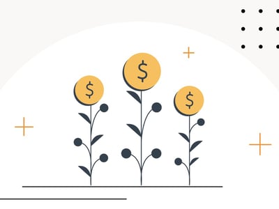 A minimalist illustration depicts three stylized plants, each with a bright yellow coin featuring a dollar sign as its bloom, symbolizing the concept of "guaranteed return on investment" and how money can grow. The plants are dark grey with smaller, dark grey circular leaves, standing on a subtle grey line that represents the ground. The background is a clean white with abstract orange plus signs and black dots arranged in a square pattern in the upper right, adding a modern and analytical feel. The logo "THE COLLEGE INVESTOR" is visible in the upper left corner. This image visually represents the article's discussion on investment products that offer a fixed rate of return, contrasting with the volatility of stocks and real estate, and highlighting legitimate types of guaranteed returns such as I-Bonds and TIPS. Source: The College Investor