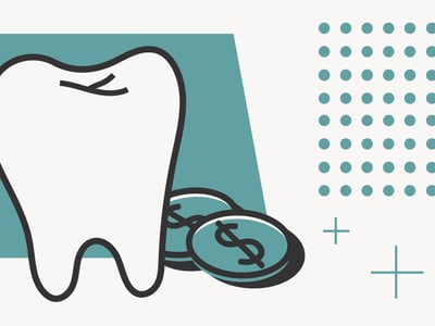 This illustrative image features a large, stylized white tooth with a dark outline, symbolizing dental education and a future in dentistry. Beside the tooth are two teal-colored coins with dollar signs, representing the significant financial investment required for dental school, as highlighted by the average student loan debt of over $300,000 for graduating dental students. The background is a light gray with various teal geometric shapes, including a large teal rectangle behind the tooth, scattered circles, and a grid of dots, along with white plus signs and circles that add a modern, clean aesthetic. This visual reinforces the article's focus on securing the best dental school student loans, emphasizing key factors like interest rates, loan terms, and borrower protections.