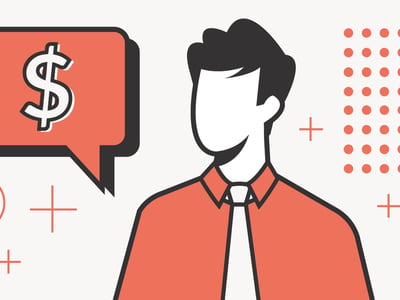 A stylized illustration depicts the concept of a college admissions consultant's cost. The central figure is an anonymous man, rendered from the chest up in a clean, modern black outline with a white face and shirt, wearing a vibrant coral-orange collared shirt and a white tie. To his left, a prominent coral-orange speech bubble with a thick black outline contains a white dollar sign, symbolizing the financial aspect of hiring a consultant. The background is a light, neutral gray adorned with subtle, abstract coral-orange and black geometric shapes, including plus signs, circles, and a dotted rectangle, adding to the contemporary feel. This image visually represents the article's discussion on the pricing for a college admissions consultant, which can range from hourly rates to a significant flat fee, highlighting the investment involved in navigating the complex college admissions landscape.