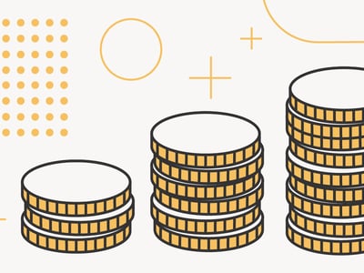This stylized graphic illustrates the concept of compound interest and growth in retirement savings over time, featuring three progressively taller stacks of gold coins with white tops, set against a light cream background. The smallest stack has two coins, the middle has four, and the tallest has seven, visually representing the "investing for retirement early and often" strategy discussed in the article. Abstract orange-gold geometric shapes, including scattered dots, outlines of circles, and plus signs, are dispersed across the background, adding to the modern design. The bottom left corner shows "THE COLLEGE INVESTOR" in black sans-serif font, highlighting the source of this content focused on "best retirement calculators to project your savings." The image conveys the long-term project of saving and investing for retirement, reinforcing the idea of accumulating wealth through consistent contributions and "compounding growth."