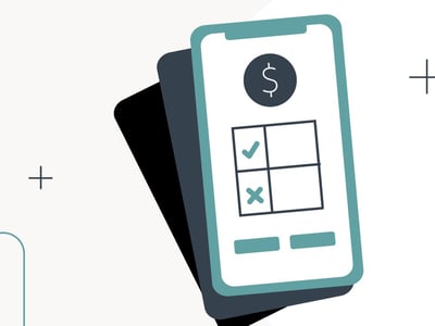 An illustrative image for an article about Cash App Taxes alternatives features a white smartphone with a teal border, angled slightly to the right, casting a dark shadow. The phone's screen displays a dark circular icon with a white dollar sign at the top, followed by a grid of four squares below it. The top-left square contains a green checkmark, while the bottom-left square has a green 'x'. Two teal rectangular buttons are visible at the bottom of the screen. In the background, against a light gray surface, various light teal geometric shapes like triangles and plus signs are scattered, along with the text "THE COLLEGE INVESTOR" in the upper left corner. This visual represents the process of evaluating different tax software platforms, specifically discussing Cash App Taxes and its alternatives like TurboTax and H&R Block, by comparing features and user experience to help individuals find the best fit for their tax filing needs.
