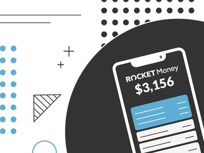 A modern, minimalist graphic representing the Rocket Money app on a smartphone, set against a background of abstract shapes and patterns. The white smartphone, outlined in a thin white border, displays "ROCKET Money" at the top, along with a prominent dollar amount of "$3,156," indicating its use as a personal finance platform for tracking budgets and net worth. Below the amount, there are blue horizontal bars representing financial data or transactions within the budgeting app interface. The smartphone is partially enclosed within a large, dark gray circle on the right side of the image, contrasting with the predominantly white background. The background features various geometric elements including a vertical row of light blue dots, thin black lines, small black plus signs, a shaded triangle with diagonal lines, and a pattern of small black dots along the top right edge. A light blue circle is partially visible at the bottom left, adding to the clean, digital aesthetic. This image illustrates the core functionality of Rocket Money, a comprehensive financial empowerment tool for managing money, canceling subscriptions, and tracking financial standing, as discussed in the accompanying article.
