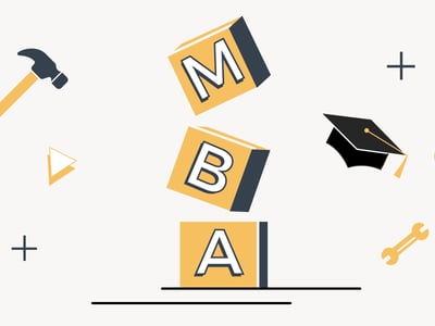 An illustrative image depicts a large, dark grey building with prominent columns, resembling a bank or financial institution, positioned on a solid orange geometric shape. Above the building, a white square with a bold orange dollar sign signifies money or financial transactions. To the left, a black graduation cap with a tassel symbolizes education, specifically MBA student loans. The background features various abstract shapes, including an orange semi-circle, scattered black and orange dots, thin black lines, an outline of a speech bubble with a question mark inside, and a geometric triangle outline, all contributing to a modern, clean design. This visual effectively represents the core topic of the article: refinancing MBA student loans and the important considerations, such as interest rates, private loans, and federal loan protections, that borrowers should evaluate before making financial decisions.