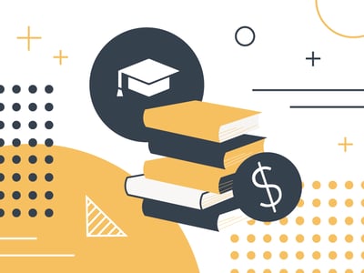 This graphic visually represents the core concept of VA education benefits and military financial assistance for college. The image features a prominent stack of five books, with the top three in a warm orange hue and the bottom two in white, symbolizing the educational resources and learning involved. Above the books, a dark circular icon displays a white graduation cap, clearly indicating academic achievement and higher education. To the right of the book stack, another dark circular icon contains a white dollar sign, emphasizing the financial aspect of these benefits and scholarships. The background is a clean white, adorned with abstract geometric shapes in matching dark gray and orange tones, including plus signs, circles, and dotted rectangles, which add a modern, dynamic feel to the illustration, reinforcing the opportunities and funds available for servicemembers, spouses, children, and veterans seeking to take advantage of these vital programs. Source: The College Investor