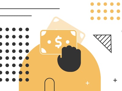 This abstract graphic visually represents the concept of Public Service Loan Forgiveness (PSLF) and student loan repayment. A prominent orange semi-circle forms the base, with a dark hand holding a rectangular banknote featuring a white dollar sign icon, symbolizing financial transactions and loan payments. Surrounding these central elements are various geometric shapes, including a grid of black dots, individual yellow dots, thin black lines, a black-and-white striped triangle, and a white plus sign, all against a clean white background. The image reinforces the article's focus on federal student loan forgiveness programs and the mechanics of making qualified payments over 10 years for those in public service jobs.