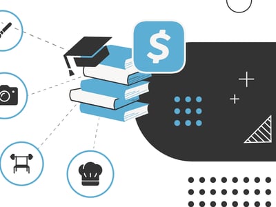 A graphic illustrating student loans for career training and trade schools features a stack of light blue and white books topped with a graduation cap on the right side of a dark gray, rounded rectangular shape. Above the books, a light blue square with a white dollar sign symbolizes the financial aspect of student loans. Dashed lines extend from the graduation cap to five circular icons on the right, representing various trade school paths: an artist's brush, a camera, a chef's hat, and a barbell, all in black within light blue circles, signifying different career training options such as culinary arts or cosmetology. The overall image, with its clean lines and minimalist design, effectively communicates the article's focus on securing the best student loans for trade school and career training, highlighting available private student loan opportunities when federal options are not accessible.