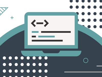 This image for "The College Investor" article on "Best Coding Bootcamp Loans" features a stylized illustration of an open laptop in the center, displaying lines of code with an arrow bracket icon, symbolizing the technical training programs discussed. The laptop is rendered in a dark teal color, set against a two-tone background of light teal and dark blue, with geometric patterns including triangles, plus signs, and circular dots, conveying a modern and educational theme. The image visually represents the pursuit of a higher-paying job through coding bootcamps and the financial solutions, like private loans, offered by lenders such as Ascent and Climb Credit, to cover tuition and living expenses. The composition emphasizes the digital nature of coding education and the accessible funding options available.