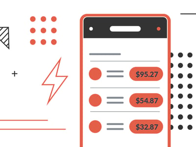 This image features a modern, clean graphic illustrating the user interface of a mobile banking app, highly relevant to a review of Brilliant Bank's online-only services. On the right, a smartphone screen displays a list of transactions with varying dollar amounts, specifically $95.27, $54.87, and $32.87, indicating a focus on financial management through a digital platform. The screen's dark top bar and simple grey lines for transaction details suggest an intuitive design, which aligns with the article's discussion of managing accounts via a mobile app on iOS and Android. To the left, a prominent red lightning bolt symbolizes speed and efficiency, possibly referencing the rapid nature of online banking or the "Brilliant" aspect of the bank's name, while abstract geometric shapes and red dots create a dynamic, energetic background for "COLLEGE INVESTOR" text, reinforcing the target audience.