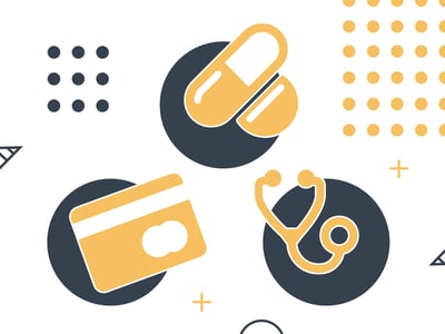 This illustrative image visually represents the key components and uses of Health Savings Accounts (HSAs) and Flexible Spending Arrangements (FSAs), which are both crucial for saving for healthcare expenses with pre-tax dollars. The graphic features three prominent circles with yellow icons against a clean white background. In the top circle, two yellow pill capsules symbolize prescription medications and other qualifying medical expenses. The bottom-left circle displays a yellow credit card, indicating the payment method for these expenses and the financial aspect of managing these accounts. The bottom-right circle contains a yellow stethoscope, representing general healthcare, doctor visits, and the broader medical services covered by HSAs and FSAs. Scattered around these central elements are minimalist geometric shapes in black and yellow, including dashed squares, triangles, and plus signs, adding a modern and professional aesthetic to this financial planning visual.