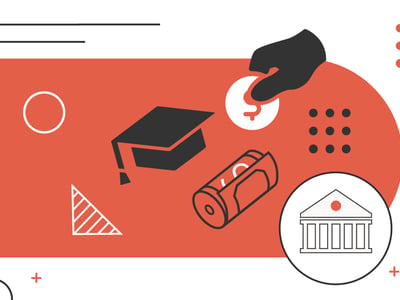 A vibrant, modern graphic illustrates the concept of tuition payment plans on a predominantly orange background with a diagonal white stripe across the bottom left. The image features several black and white icons: a graduation cap, representing college education; a roll of money with a dollar sign, signifying financial resources; and a hand holding a coin with a dollar symbol, indicating payments. In the bottom right, a classical building with columns symbolizes a financial institution or university. Various abstract geometric shapes like circles, triangles, and plus signs are scattered throughout, adding to the contemporary design. This visual emphasizes how tuition payment plans break down college costs into manageable, interest-free installments, a key topic of the article, and serves as a social image for the "College Investor" brand.
