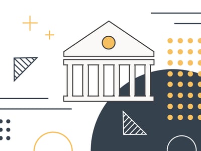 A clean, minimalist graphic for an article reviewing Alliant Credit Union, featuring a stylized white outline of a classical bank building with columns and a pediment, accented by a yellow circle in the pediment. The building is positioned against a white background, which is sparsely decorated with abstract geometric shapes in dark blue and yellow, including dashed lines, solid lines, small grids of dots, and triangles with diagonal stripe patterns. The phrase "COLLEGE INVESTOR" is partially visible in dark blue text at the bottom left, indicating the source of this financial review. This image serves as the social media visual for an in-depth review of Alliant Credit Union, highlighting its various deposit accounts and loan products, and attracting readers interested in finding the right financial institution.