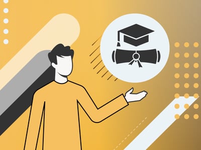 This image depicts a stylized graphic representing college education and its perceived value, set against a dynamic background of gold and black shapes. A prominent white circular icon in the center showcases a black graduation cap with a tassel, positioned above a rolled-up diploma tied with a ribbon, symbolizing academic achievement and a college degree. To the left, the top of a person's head and shoulders are visible, suggesting a student or individual considering their educational path. The background features various abstract shapes, including long, rounded rectangles in black and gold, smaller white dots, and thin diagonal lines, creating a sense of movement and modern relevance. This visual reinforces the article's theme about Americans weighing in on college costs, education policy, and the worth of a college degree in 2025, particularly given that public sentiment on college value is currently low.
