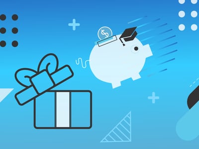 Vector illustration set against a blue background featuring a wrapped gift box on the left and a flying piggy bank wearing a graduation cap on the right. The piggy bank, symbolizing education savings, has a coin with a dollar sign being deposited into it. This graphic represents the concept of gifting money to a 529 plan, highlighting how friends and family can contribute to a child's future college education through direct deposits, crowdfunding platforms, or estate planning strategies. Source: The College Investor