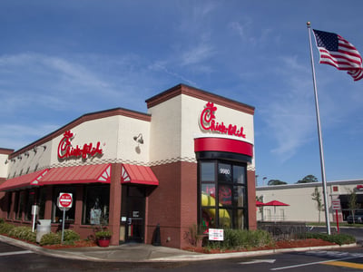 A Chick-fil-A fast food restaurant in Jacksonville. Chick-fil-A, specializing in chicken sandwiches, has over 1,700 restaurants in 38 U.S. states and the District of Columbia. — Photo by ventanamedia