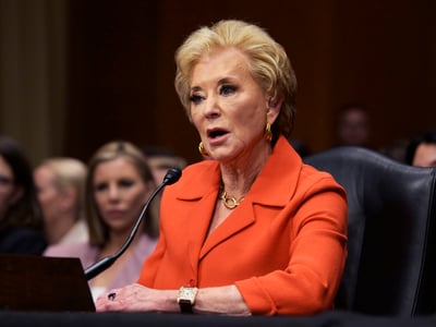 Linda McMahon testifies before the Senate Health, Education, and Labor Committee during a nomination hearing as Secretary of Education in Washington DC, USA, on February 13, 2025. (Photo by Lenin Nolly/NurPhoto via AP)