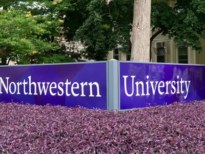 EVANSTON, IL,USA - JUNE 20, 2021 - Entrance sign and gardens to Northwestern University.