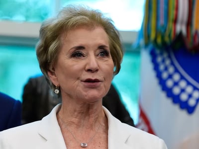 Education Secretary Linda McMahon speaks in the Oval Office of the White House before President Donald Trump signs an executive order regarding childhood cancer and the use of AI, Tuesday, Sept. 30, 2025, in Washington. (AP Photo/Alex Brandon)