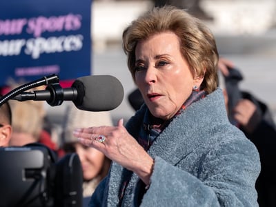 Education Secretary Linda McMahon speaks to the crowd as protesters gather outside the Supreme Court as it hears arguments over state laws barring transgender girls and women from playing on school athletic teams, Tuesday, Jan. 13, 2026, in Washington. (AP Photo/Jose Luis Magana)