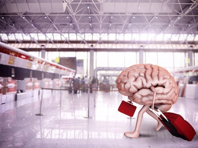 Conceptual 3D illustration of a large human brain with arms and legs, carrying a red suitcase and briefcase while walking through an airport terminal. This visual metaphor represents the potential "brain drain" of graduate students and researchers leaving the United States due to stagnant funding and visa uncertainties, highlighting the risk of losing intellectual capital to competing nations. Source: The College Investor