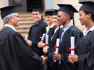 Side view of a diverse line of college graduates in black caps and gowns shaking hands with an administrator and receiving their diplomas. This image represents the beginning of the post-graduation journey, where nearly one in three borrowers report that student loan debt is delaying major life milestones like homeownership and retirement savings. Source: The College Investor