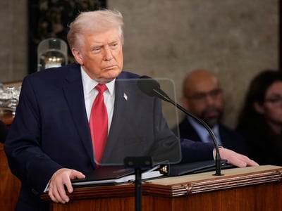President Donald Trump delivers the State of the Union address to a joint session of Congress in the House chamber at the U.S. Capitol in Washington, Tuesday, Feb. 24, 2026. (AP Photo/Alex Brandon)