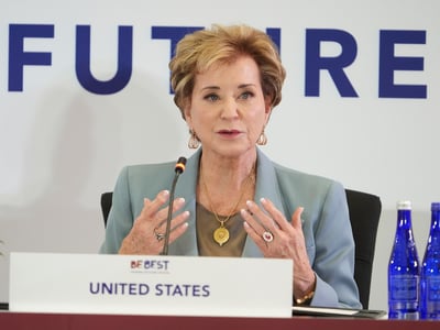 Education Secretary Linda McMahon speaks during a "Fostering the Future Together Global Coalition Summit," at the State Department, Tuesday, March 24, 2026, in Washington. (AP Photo/Jacquelyn Martin)