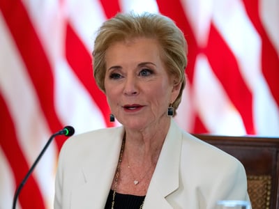 Education Secretary Linda McMahon speaks during a meeting of the White House Task Force on Artificial Intelligence Education in the East Room of the White House, Thursday, Sept. 4, 2025, in Washington. (AP Photo/Alex Brandon)
