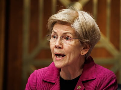 Ranking Member U.S. Sen. Elizabeth Warren (D-MA) speaks during a Senate Committee on Banking, Housing, and Urban Affairs hearing in the Dirksen Senate Office Building on February 26, 2026 in Washington, D.C. (Photo by Samuel Corum/Sipa USA)(Sipa via AP Images)