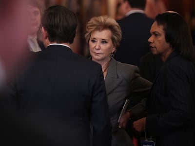 Education Secretary Linda McMahon is seen after a roundtable discussion on college sports in the East Room of the White House, Friday, March 6, 2026, in Washington. (AP Photo/Julia Demaree Nikhinson)