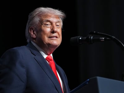 President Donald Trump speaks at the Raymond F. Kravis Center for the Performing Arts in West Palm Beach Fla., Friday, May 1, 2026. (AP Photo/Matt Rourke)