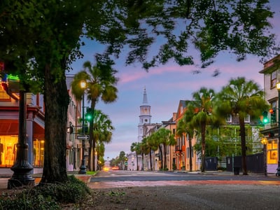 Historical downtown area of Charleston, South Carolina cityscape in USA at twilight