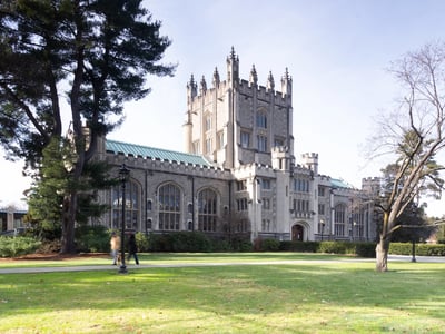 Photograph of the historic Vassar College, a private, coeducational, liberal arts college in the town of Poughkeepsie, New York. Founded in 1861 by Matthew Vassar