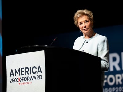 U.S. Secretary of Education Linda McMahon speaks during the 2026 Republican Party of Wisconsin State Convention on Saturday May 16, 2026 at the Kalahari Resorts & Conventions in Baraboo, Wis.