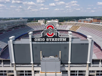 Columbus, Ohio, USA: Aerial view of Ohio Stadium, also known as the Horseshoe, the Shoe, and the House That Harley Built, is an American football stadium in Columbus, Ohio, on the campus of The Ohio State University.