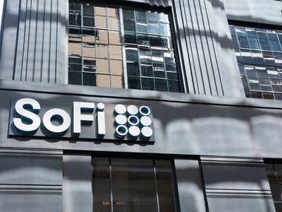 SoFi logo sign on headquarters facade. Social Finance is an online personal finance company - San Francisco, California