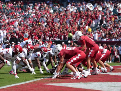Sep 13, 2025; Philadelphia, Pennsylvania, USA; The Temple Owls line up inside their own endzone against the Oklahoma Sooners in the first half at Lincoln Financial Field. Mandatory Credit: Kyle Ross-Imagn Images