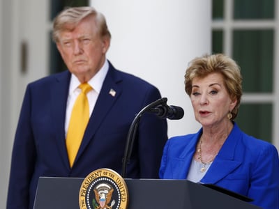 Secretary of Education Linda McMahon, with US President Donald Trump, delivers remarks during an education event in the Rose Garden of the White House in Washington DC, USA, 24 August 2026. President Trump and Secretary McMahon highlighted the administration’s school choice program as the new academic year begins.