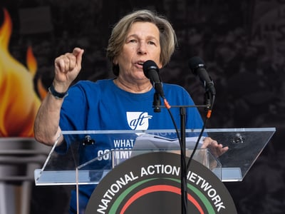 Randi Weingarten, president of American Federation of Teachers speaks during the rally at the end of 'March on Wall Street' organized by NAN. March started on Foley Square and proceeded via Broadway passing Charging Bull sculpture and ended on Whitehall street in New York, NY on August 28, 2025 with the rally. More than 2,500 people attended. They all protested President Trump and his administration abandoning of DEI (Diversity, Equity, and Inclusion) and specifically targeting people of color. (Photo by Lev Radin/Sipa USA)