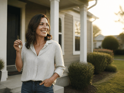 Smiling woman holding a set of keys outside a suburban home at sunset, representing homeownership after student loan forgiveness.