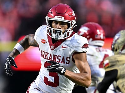 Oct 3, 2026; College Station, Texas, USA; Arkansas Razorbacks wide receiver CJ Brown (3) runs a route during the first half against the Texas A&M Aggies at Kyle Field. Mandatory Credit: Maria Lysaker-Imagn Images