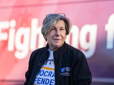 andi Weingarten, president of the American Federation of Teachers, attends a an AFT bus tour stop with Rep. Marcy Kaptur, D-Ohio, in Toledo, Ohio, on Wednesday, October 21, 2026. (Tom Williams/CQ Roll Call/Sipa USA)
