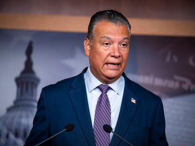 Senator Alex Padilla (D-CA) during a press conference on a Department of Homeland Security whistleblower report alleging unlawful access of voter files, at the U.S. Capitol, in Washington, D.C., on Monday, September 14, 2026. (Graeme Sloan/Sipa USA)