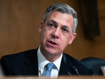 Sen. Jim Banks, R-Ind., questions Kevin Warsh, nominee to chairman of the Federal Reserve, during Warsh’s Senate Banking, Housing and Urban Affairs Committee confirmation hearing in Dirksen building on Tuesday, April 21, 2026. (Tom Williams/CQ Roll Call/Sipa USA)