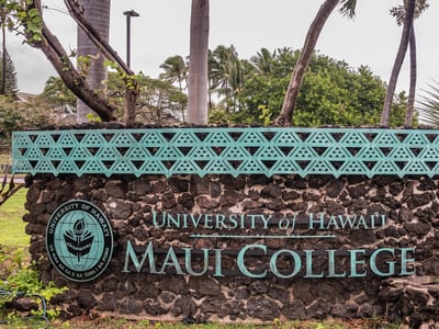 University of Hawaii, Maui college campus, set in green foliage and flower park along W. Kaahumanu Ave.