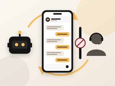 Illustration of an AI customer service chatbot trapping a consumer in a looping phone chat while a blocked barrier keeps them from reaching a human support agent