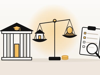 Illustration of a balance scale weighing a house against a golden retirement nest egg, between a college building and a CSS Profile financial aid form under a magnifying glass.